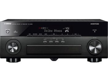 Yamaha RX-A850 juodas namų kino stiprintuvas, priekinis vaizdas, LCD ekranas, valdymo mygtukai, šlifuoto aliuminio priekis