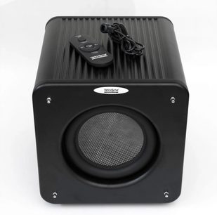 Velodyne MicroVee X sort subwoofer, set forfra med kontrolknapper, bass-refleksport og højttaler