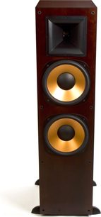 Klipsch RF-7 gulvhøjttaler i mørkt træ, set forfra, med to gyldne højttalere og en sort diskant i midten
