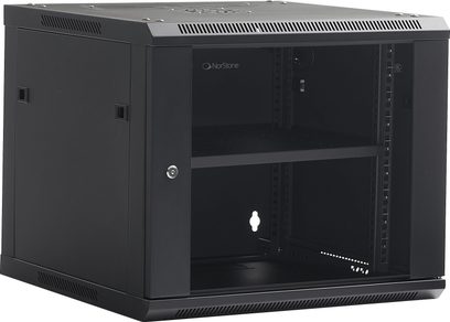 Audiovizuálny rack Norstone Pro Wall Rack 9U čierny so sklenenými dvierkami, kovovou konštrukciou, vnútornou policou a ventilačnými otvormi