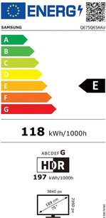 Europští energetický štítek televizoru Samsung QE75Q65AAU, třída E, spotřeba 118 kWh/1000h, úhlopříčka 75 palců