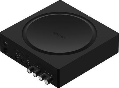 Čierny stereo hi-fi zosilňovač Sonos Amp, štvorcové šasi s veľkým centrálnym kotúčom a pripojovacími tlačidlami na prednej strane