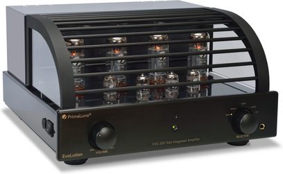 Amplificatore hi-fi a valvole PrimaLuna Evo 200 integrato nero, vista frontale, 12 valvole, selettori e manopole sul pannello frontale