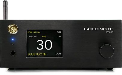 Gold Note DS-10 netværksaudioafspiller i sort, børstet aluminiumsfront, LCD-skærm, knapper, drejeknap