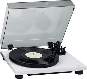 Platine vinyles hi-fi Reloop TURN2 white blanche, vue de dessus en angle, couvercle transparent ouvert, bras de lecture noir