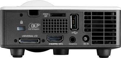 Optoma ML1050ST videoprojektor, bagside, HDMI/MHL-tilslutning, micro SD, USB, lyd ind/ud, DC IN