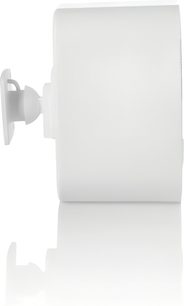 White compact hi-fi speaker ArtSound UNI30 side view, matching adjustable wall mount