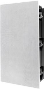 Caixa de subwoofer embutida DCS-208FR3 com grade perfurada retangular branca, vista em ângulo, lados pretos visíveis