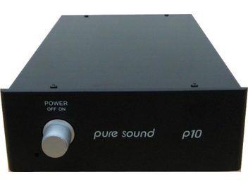 Phono-Vorverstärker Puresound P10 schwarz, Frontansicht, silberner Drehknopf, Aufschrift "POWER OFF ON", Logo "pure sound p10"