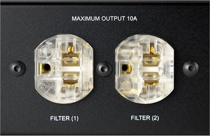 To runde, gennemsigtige elektriske filtre med forgyldte kontakter, mærket "FILTER (1)" og "FILTER (2)", på sort tekstureret baggrund, set forfra