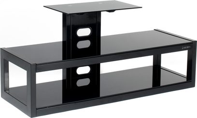 Norstone Design Dyvad TV-møbel i sort lak, 2 rektangulære moduler stablet ovenpå hinanden, åbne og glaslukkede opbevaringsrum