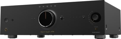 Стерео Hi‑Fi підсилювач Onkyo ICON A‑50, чорний метал, вигляд спереду під кутом, велика центральна ручка гучності, селектор праворуч, роз’єм для навушників