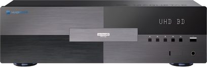 4K Blu-ray-spelare Magnetar UDP900 multizon svart i borstad aluminium, sedd framifrån, med centralt UltraHD-skivfack, LED-display "UHD BD" till höger, fem fyrkantiga knappar, USB-port och rund knapp på frontpanelen