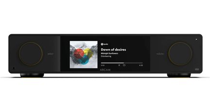 Black metal-look hi-fi audio device, front view, central color screen with Spotify, two knobs, 3.5 mm headphone jack