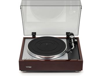 Giradischi hi-fi Thorens TD 1600 con TP160 noce, vista dall'alto, coperchio trasparente sollevato, piatto circolare nero, braccio di lettura argentato, base in legno