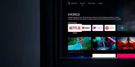 Skærmbillede af en Netflix-grænseflade, der viser serier som Vikings, The Rings of Power, Moonlight og Fashion Show