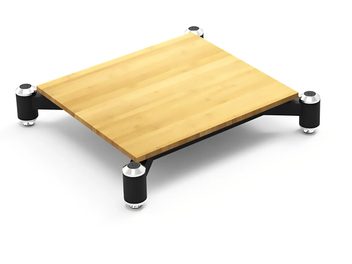 Estantería rectangular de bambú con patas cilíndricas negras, vista superior en ligero picado, Norstone Design Spider base bambú