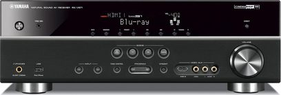 Ampli home-cinéma Yamaha RX-V571 noir, face avant, vue de face, afficheur bleu, boutons et molettes argentés