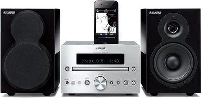Yamaha MCR-332 sølv og sort hi-fi mini-anlæg, højttalere, hovedenhed, LCD-skærm, set forfra