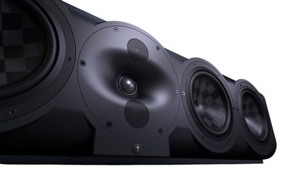 Perlisten S7c center speaker with black circular drivers, textured cones, aligned tweeters, close-up angled view