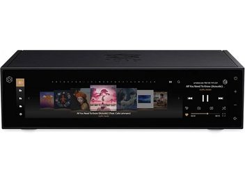Rose RS150 sort netværksaudioafspiller, forside med farvedisplay der viser albumcovere, kontrolknapper