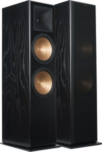 Klipsch RF-7 III siyah kolon hoparlörler, ön görünüm, siyah ahşap damarlı ön panelde iki altın renkli oval hoparlör