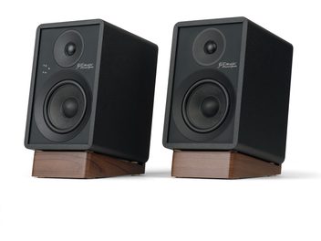 Φορητά ηχεία bluetooth GX-30ARC μαύρα, σετ των 2, ορθογώνια μαύρα κουτιά, ξύλινες κεκλιμένες βάσεις, προοπτική όψη