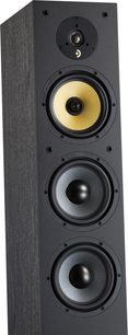 Davis Acoustics Ariane 7 højttaler i sort træfinér, set fra siden, med kuppeltweeter, gul mellemtoner og to grå basenheder