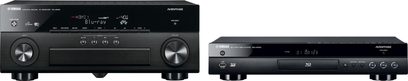 Yamaha RX-A840 hjemmebiograf-forstærker og Yamaha BD-A1040 Blu-ray-afspiller i sort, set forfra ved siden af hinanden