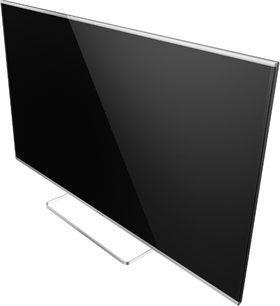 Panasonic TX-60AS650E TV set, set i trekvartersperspektiv, sort slukket skærm, sølvfarvet smal ramme, på gennemsigtig fod