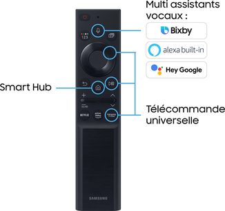 Sort Samsung fjernbetjening med knapper og cirkulær drejeknap, set forfra, der viser ikoner for taleassistenter