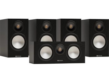 Monitor Audio Bronze 50 7G 5.0 fekete hangszórócsomag 4 polcsugárzóval és egy középső hangszóróval, ezüst színű hangszórókúpokkal