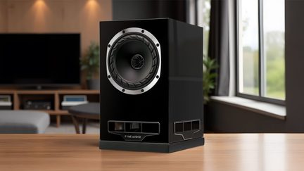 Cassa acustica nera laccata, vista obliqua, ampio altoparlante coassiale con cornice metallica, condotti reflex rettangolari frontale e laterale