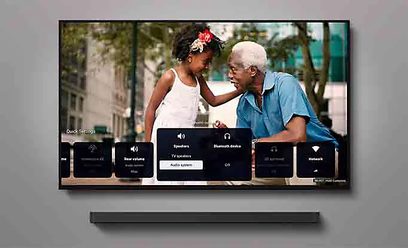 Sony BRAVIA 8 TV (55XR80) platt skärm, sedd framifrån, användargränssnitt visat, soundbar under, grå vägg
