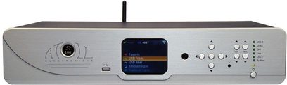 Síťový audio přehrávač Atoll Electronique ST-100 hliník, pohled zepředu, modrý LCD displej, tlačítka a ovládací kolečko