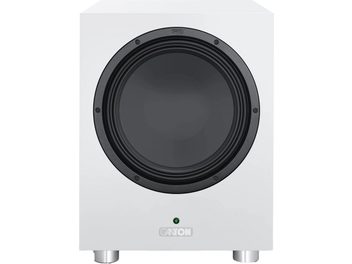 Biely matný subwoofer Canton Power Sub 10 S2, pohľad spredu, čierny stredový reproduktor a zelená LED dióda na čelnom paneli