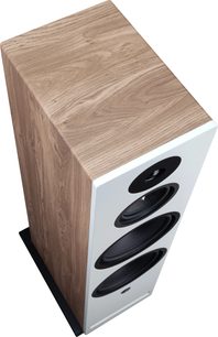 Vloerstaande luidspreker Davis Acoustics Krypton 10 met een lichte houten behuizing, witte voorkant, 3 zwarte luidsprekers en een zwarte voet.