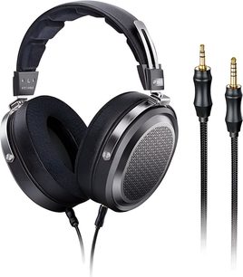 FiiO FT1 Pro black open-back wired hi-fi headphones, round silver metal earcups with openwork grille, thick faux leather earpads, padded headband, and detachable braided cable, three-quarter view