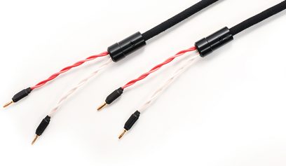 To sorte lydkabler med røde bananstik, hvid flettet kappe, 3 meter lange hver, Nimed Reference Studio Cable HP