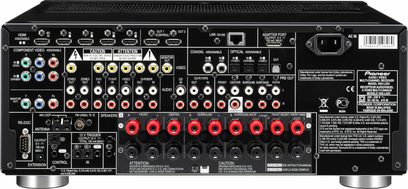 Pioneer VSX-LX53 hjemmebiografsforstærker, bagside, set ovenfra, mange lyd/video-stik, antenner og tilslutningsporte