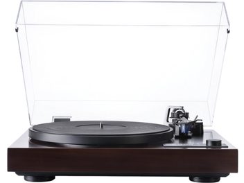 Giradischi hi-fi Dual CS 618 Q WN visto frontalmente, base rettangolare in legno di noce scuro, piatto circolare nero, coperchio trasparente sollevato, braccio di lettura in metallo cromato e manopola rotante anteriore destra