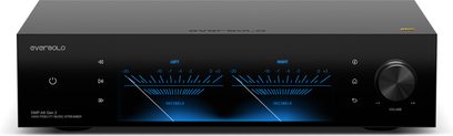 Leitor de áudio em rede EverSolo DMP-A8 Gen 2 preto, ecrã frontal com VU meters azuis e grande botão de volume à direita