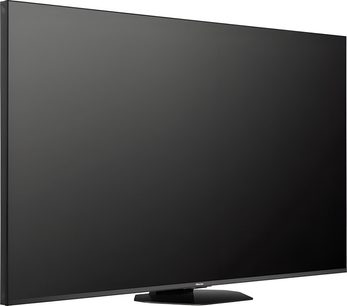 Hisense 75U8Q nagy, vékony keretű üvegkijelzőjű síkképernyős televízió, fekete szegélyes, keskeny kerettel, középső állvánnyal, háromnegyedes nézetben