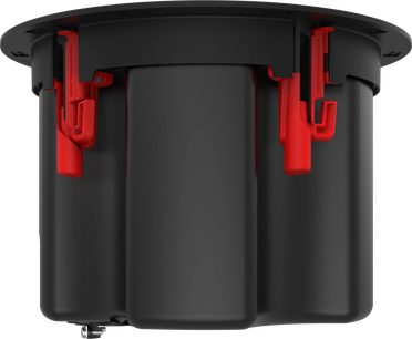 Indbygningshøjttaler til loft PIC-450-T BW, sidevisning, cylindrisk sort kabinet, røde fastgørelser, øverste cirkulære kant