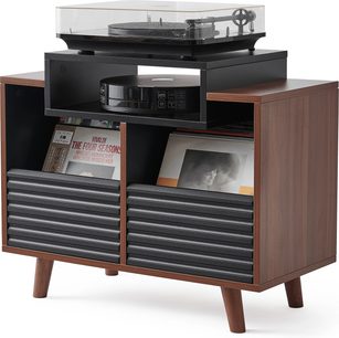 Norstone Design OSLO 800 vinyl turntable furniture and storage, wood finish, front view, 4 angled legs, 2 open compartments, 2 black horizontal relief doors, vinyl turntable with transparent cover on top, black audio device in the upper compartment, vinyl records visible in the lower compartments.