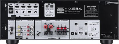 Onkyo TX-SR373 sort hjemmebiograf-forstærker, bagside, audio/video-tilslutninger, HDMI-stik, højttalere, FM-antenne, USB-port