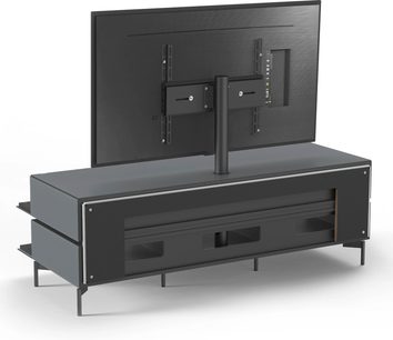Fladt sort TV-møbel med TV-stander, 2 skuffer, 2 døre og åbne rum, set forfra i perspektiv