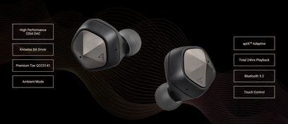 Sluchátka Astell&Kern AK UW100 v tmavě šedé barvě, otevřená konstrukce, pohled ze 3/4 zezadu, s technickými specifikacemi uvedenými na obrázku