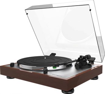 Hi-fi gramofon Thorens TD 402 DD ořech, pohled shora, otevřené víko, raménko, černý talíř, dřevěná základna