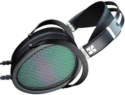 Åbent hi-fi hovedsæt Hifiman Jade II i sort og sølv, set fra venstre profil. Ovale gitterdækkede ørekopper i grøn og sort